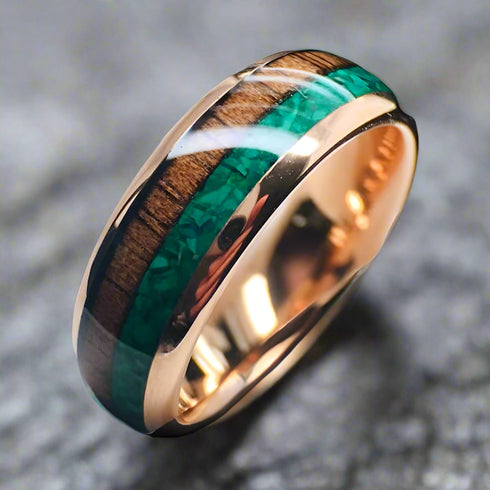 Men's Women's 8mm Tungsten Rose Gold Koa Wood & Malachite Inlay Wedding Band